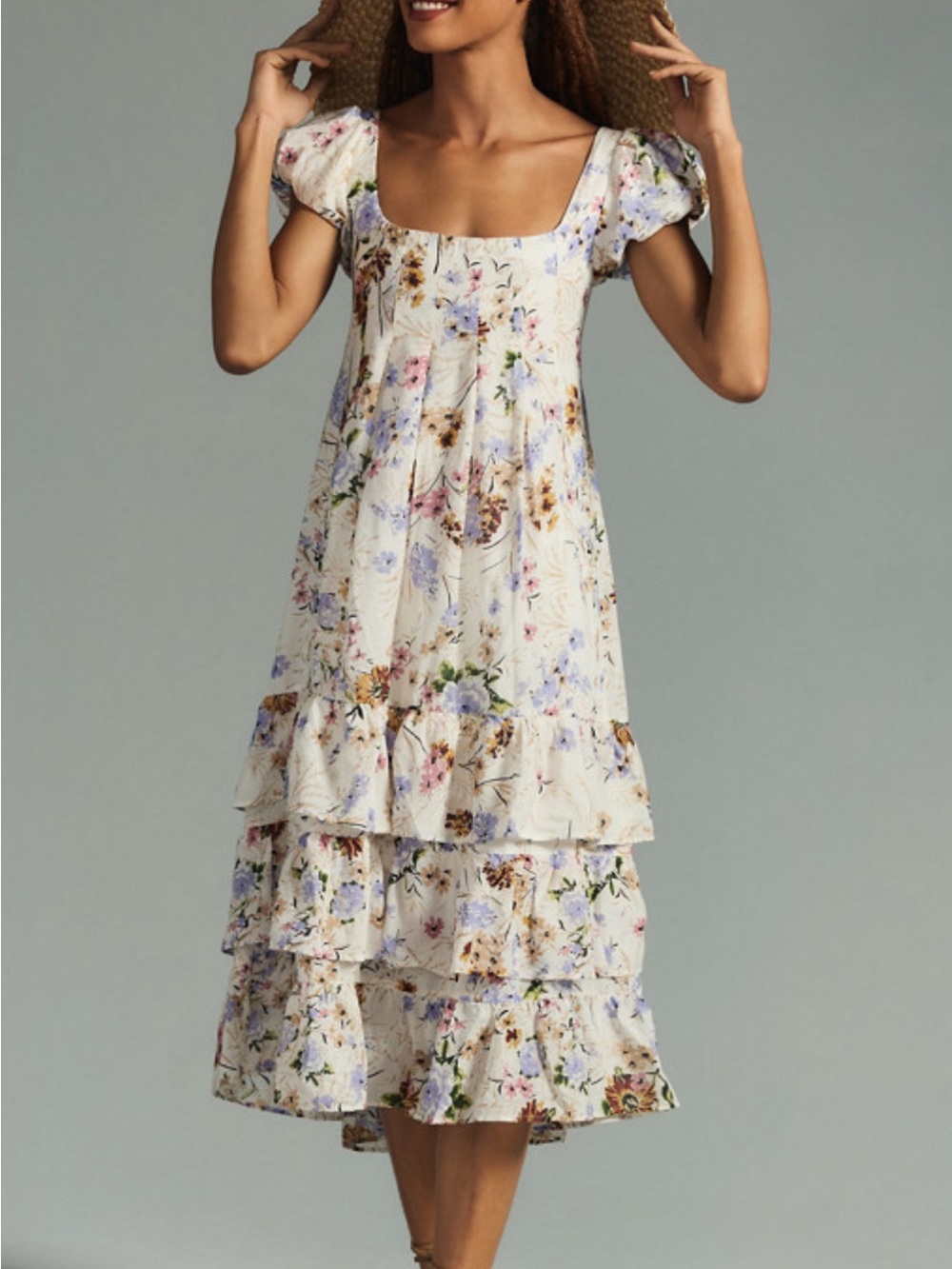 Anthropologie Floral Tiered Puff-Sleeve Midi Dress - White Size S